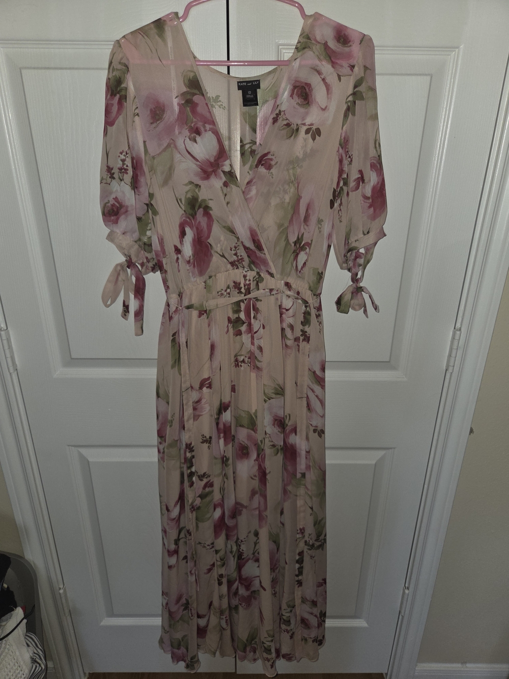 Sheer Floral Pink Maxi Wrap Dress with Tie Waist